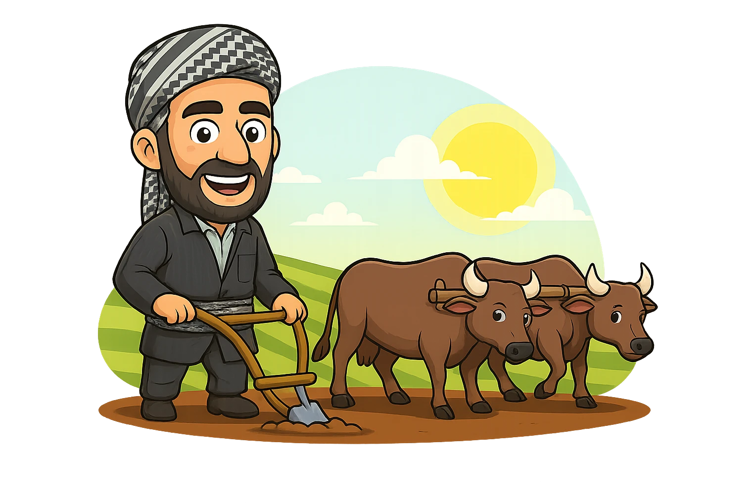 Edit the cartoon sticker of the farmer to change the clothing to match the traditional Kurdish outfit shown in the reference photo. The outfit includes a dark striped jacket, shirt, sash, and patterned headscarf. Keep the rest of the sticker the same. Maintain the vibrant, cheerful style suitable for WhatsApp and Instagram with a transparent background. emoji