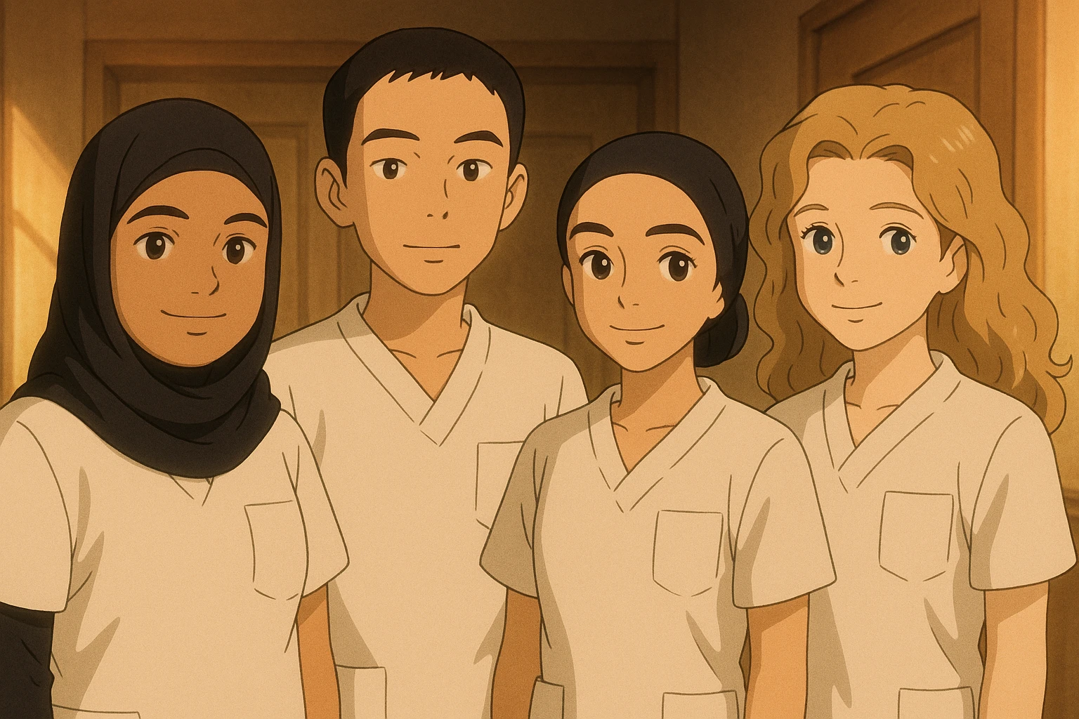 Variante 3 : Quatre étudiants infirmiers côte à côte, ambiance chaleureuse, en intérieur, style Ghibli, tenues uniformes blanches à manches courtes sans col, sans sous-pull ni stéthoscopes. Hauts de type tunique médicale, col en V, poche poitrine côté gauche. Visages et attitudes inspirés des quatre photos jointes, composition différente. emoji