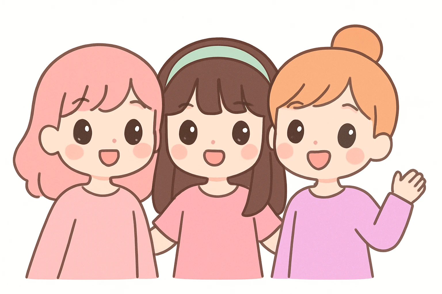 three girl best friends, cute cartoon style, top half of their bodies visible, all wearing pink, smiling, cheerful expressions emoji