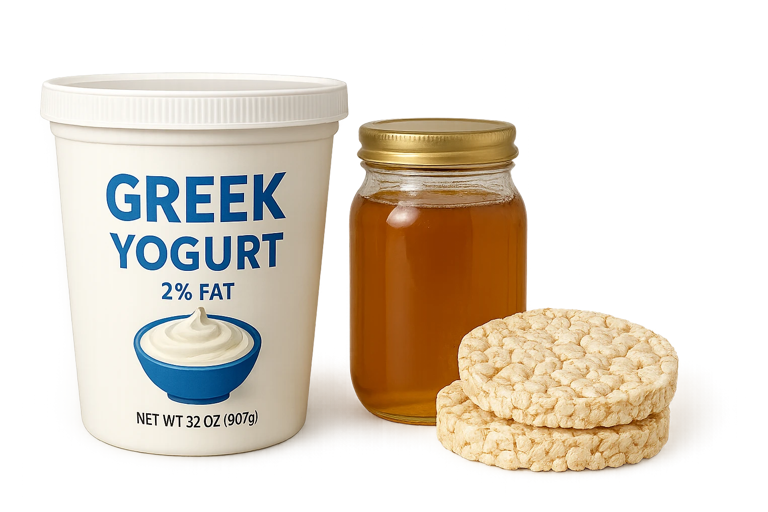 Yogurt Greco 2%
Miele (senza il cucchiaio di legno)
Gallette di Riso
vista frontale, iperrealistico 4k emoji