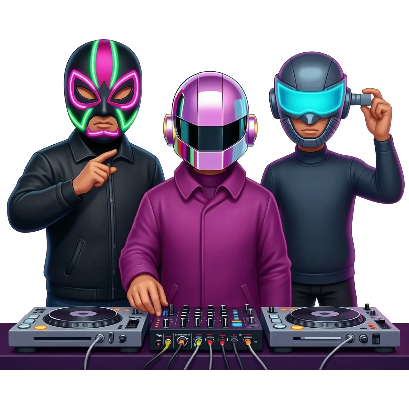 Trio dj with one having a led dj luchador mask and one with a dj mask like daft punk but pink and one with a cool dj mask emoji