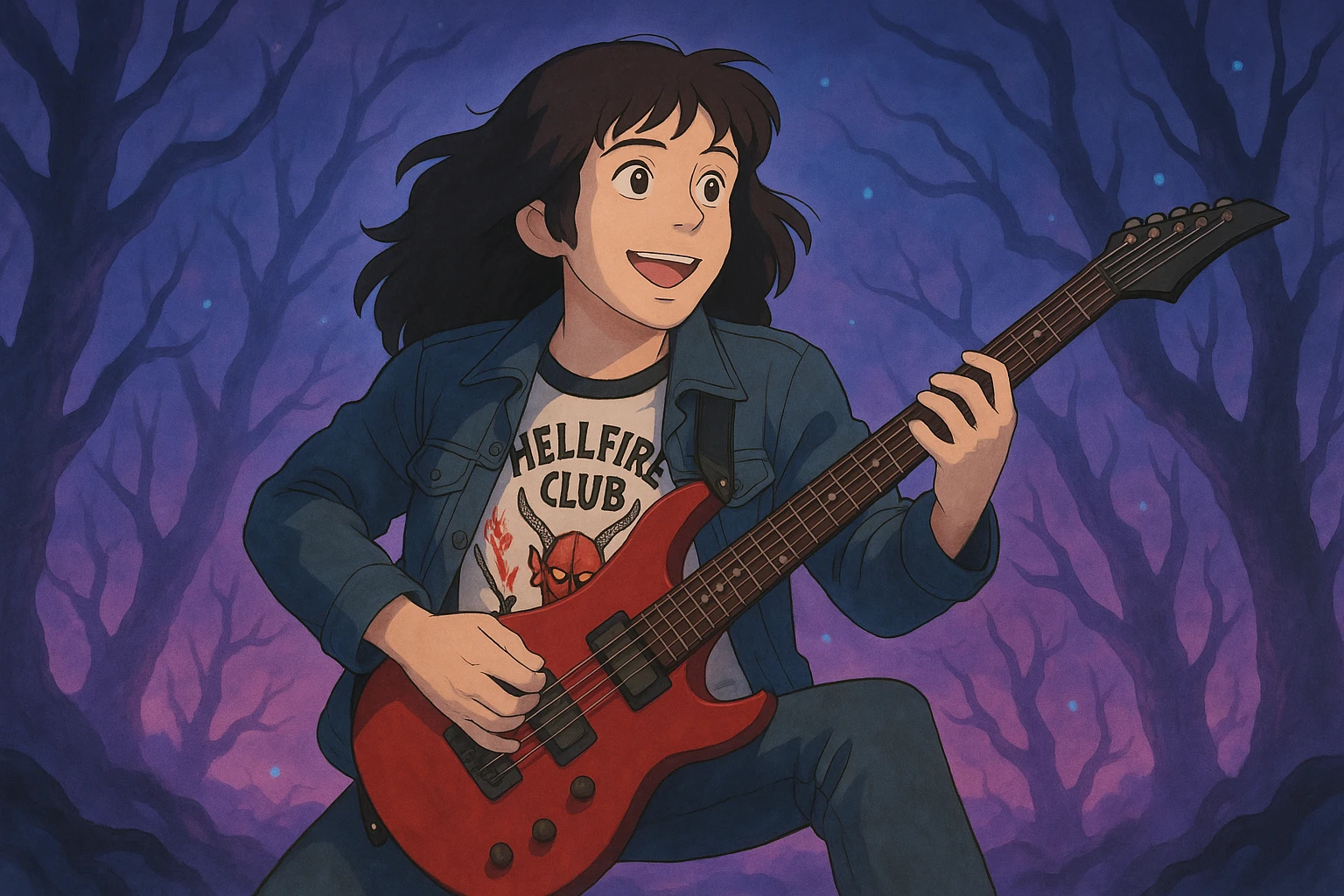 Eddie Munson from Stranger Things in the Upside Down, depicted in Ghibli style with a wide 16:9 aspect ratio. The background is dramatic and supernatural, evoking an expressive and cinematic atmosphere. emoji