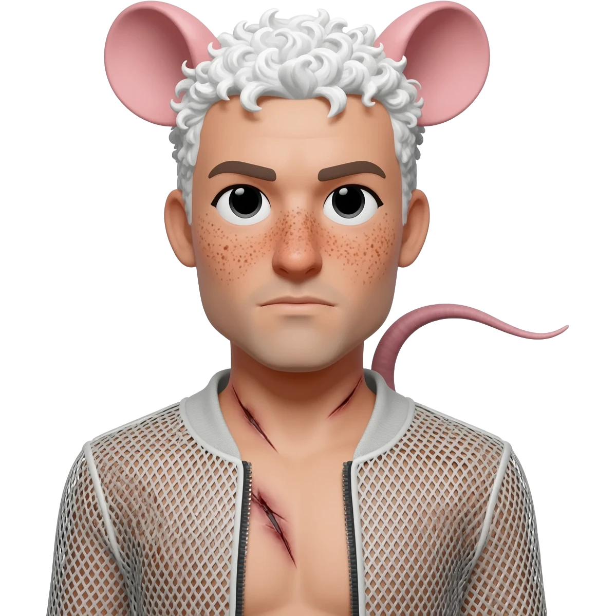 A trans man with top surgery scars. He has rat ears and rat tails. He has freckles. His hair is white and curly. He dressed in mesh jacket emoji