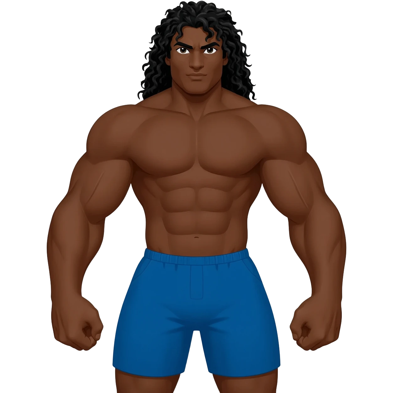 Superhero black male look superstrong blue shorts and big arms no shirt long black curly hair full body emoji