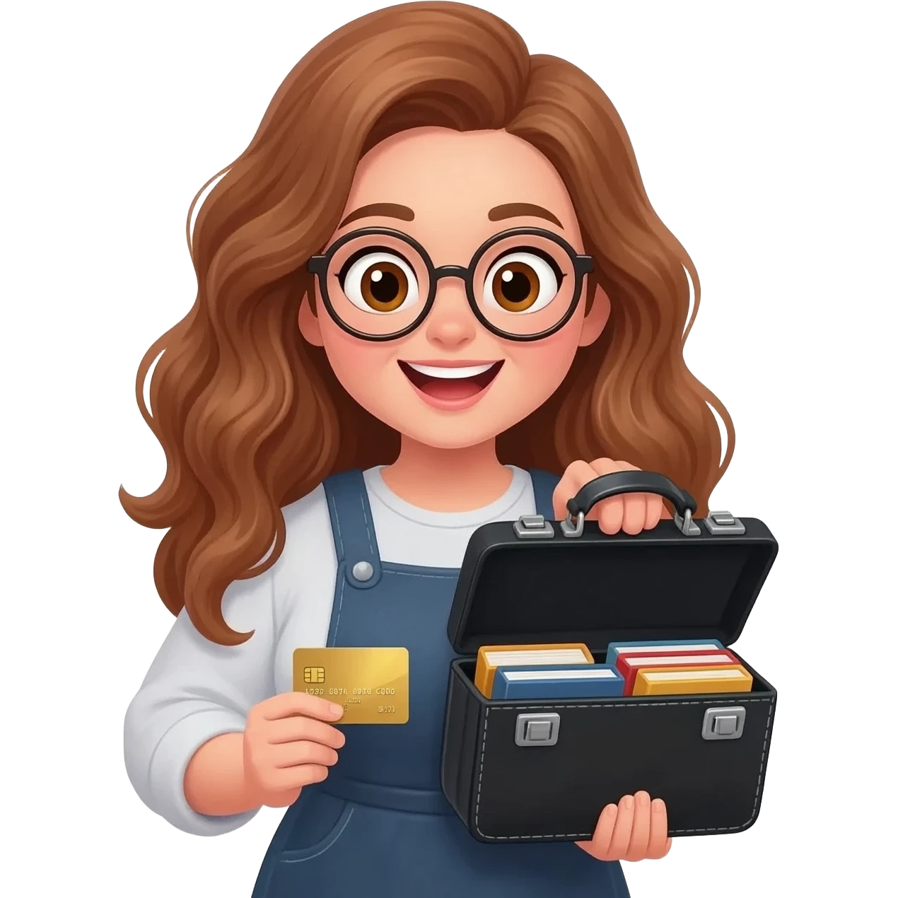 detailed emoji illustration of a curvy woman with long light chestnut brown wavy hair, light brown eyes and round glasses holding a big bag of books with a credit card in her hand, excited book lover expression, cute emoji style illustration emoji