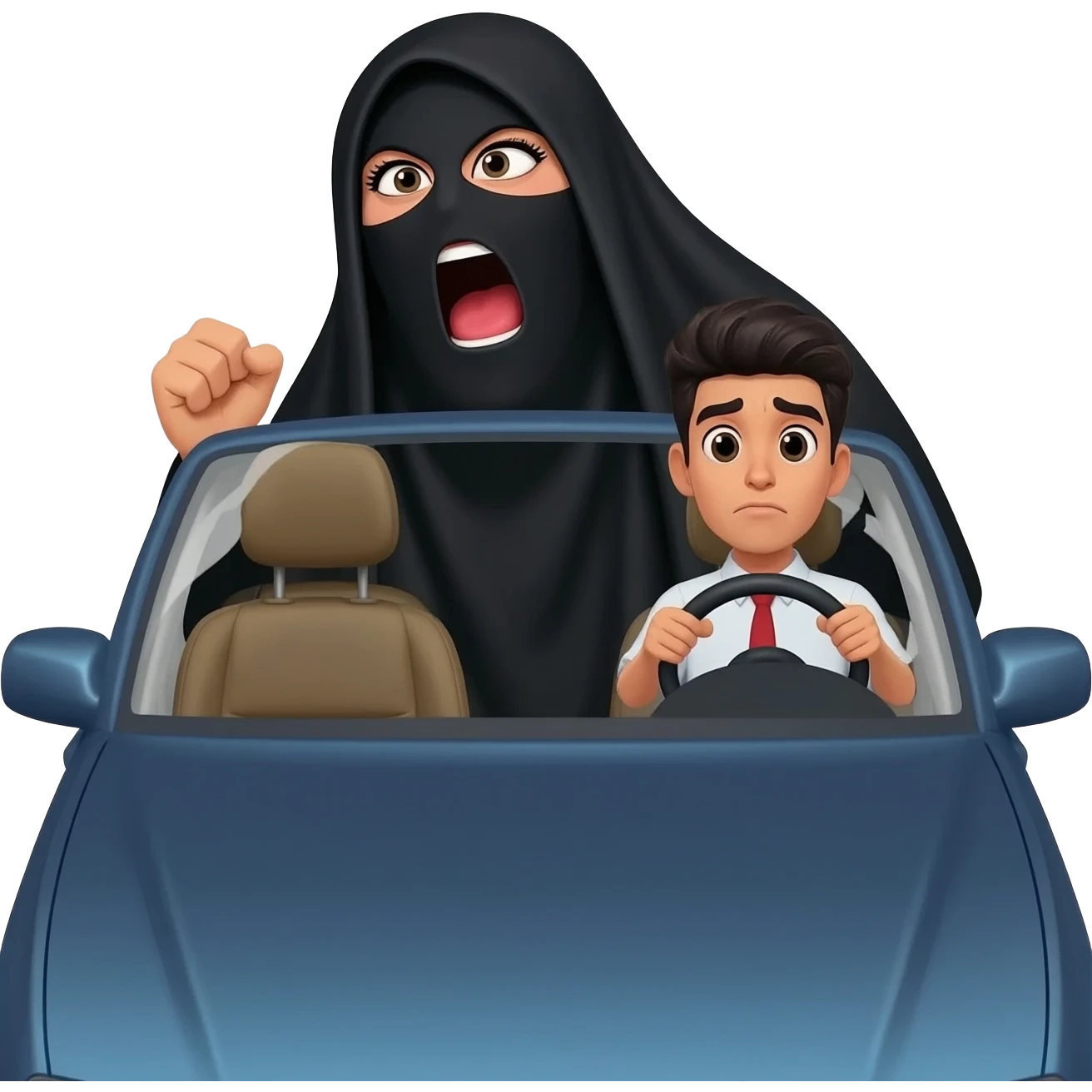 une grosse femme dominatrice avec burca noir qui hurle et insulte un jeune homme conducteur dans sa voiture emoji
