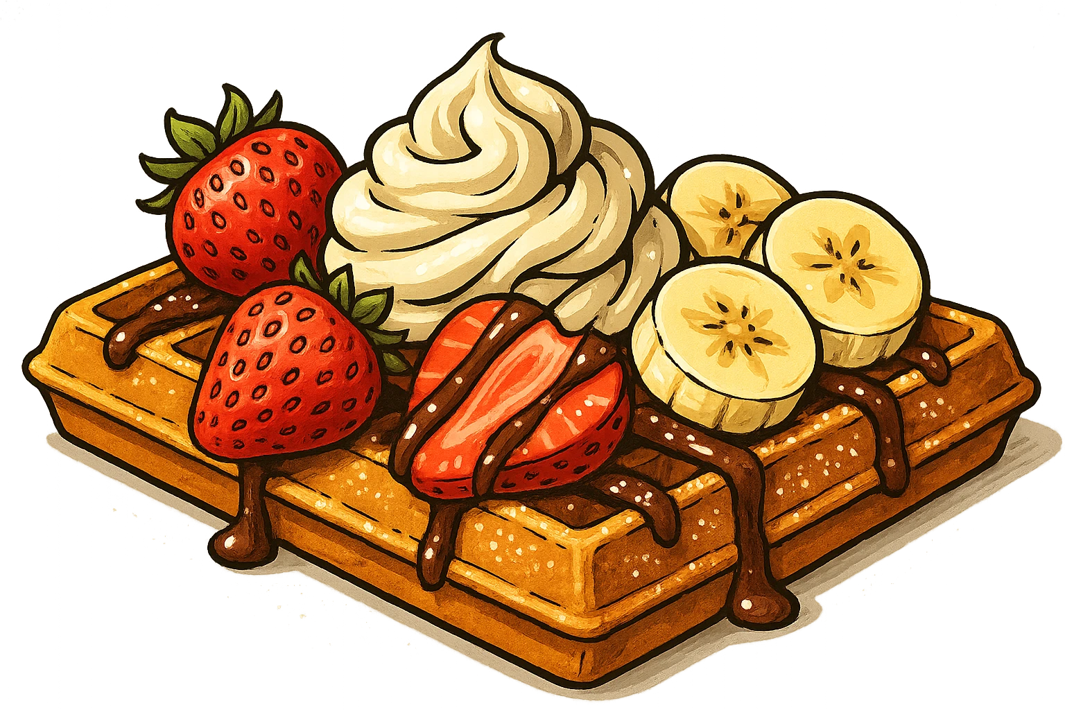 В слегка рисованном, но при этом ярком и объемном стиле с четкими линиями составь композицию, где горизонтально лежит классическая брюссельская вафля с клубникой и бананом, сливочными кремом, политая шоколадом и посыпанная сахарной пудрой, профессиональный свет, подчеркивающий объем, сделай картинку более широкой, прозрачный фон emoji