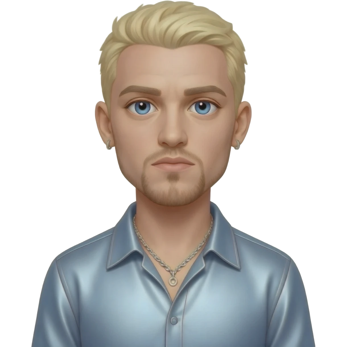 Eminem with blue eyes, blonde hair, light steel blue metallic shirt, silver necklace and short earrings emoji