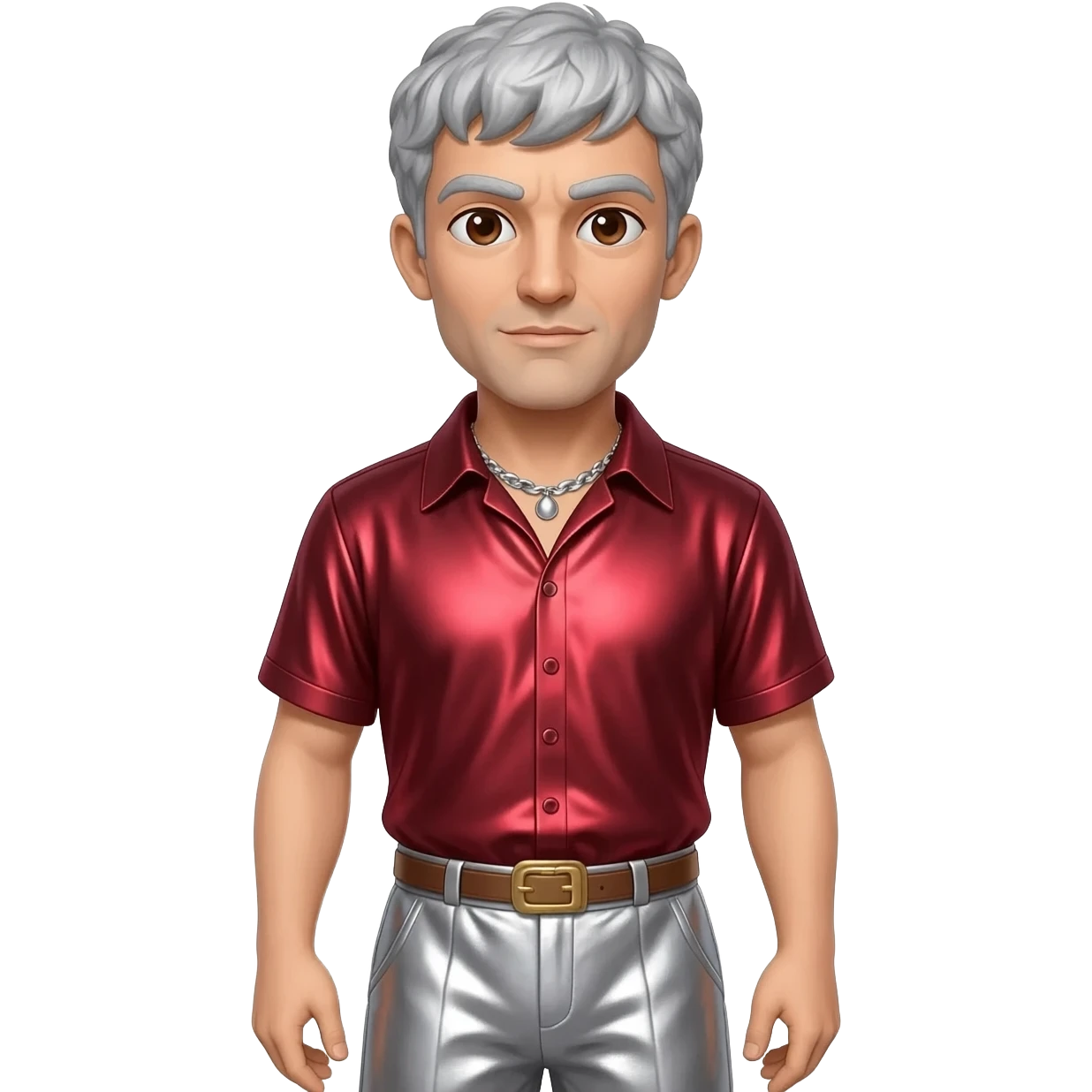 Julius Caesar with dark brown eyes, silver hair, ruby red metallic shirt, silver metallic baggy pants, silver necklace emoji