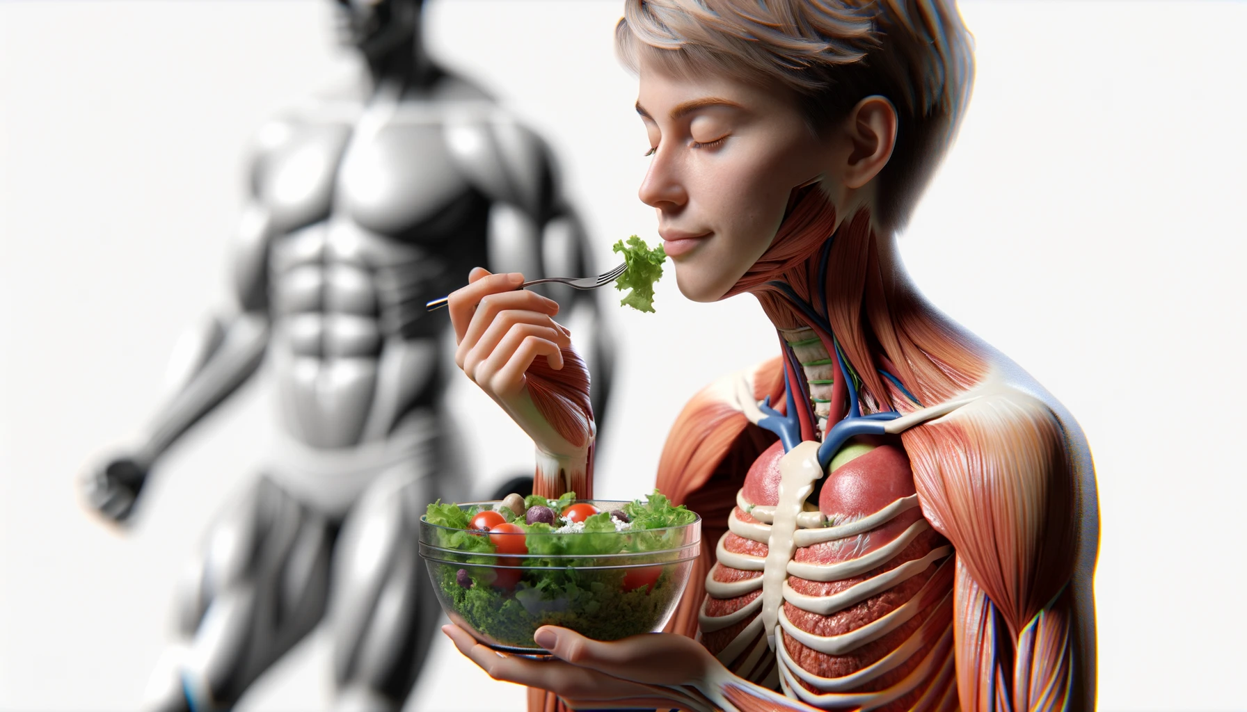 corpo umano anatomico con capelli corti che mangia un insalata con espressione serena in volto, organi sani in evidenza, sullo sfondo una palestra sfocata, iperrealistica 4k, isolato su sfondo bianco emoji