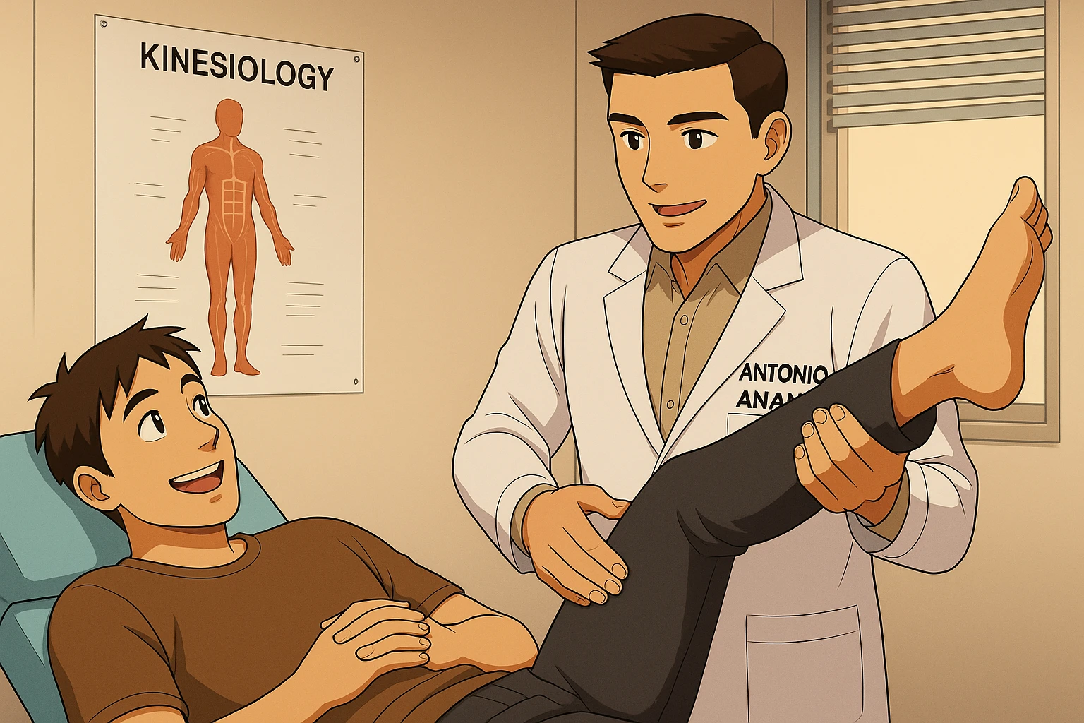 su questo lettino rappresenta un webtoon manga a colori con questo stile, in cui un uomo è steso sul lettino medico e il kinesiologo con il camice bianco (fagli anche la scritta "ANTONIO ANANIA" SUL CAMICE, gli solleva una gamba per fargli il test neuromuscolare, IL KINESIOLOGO SPIEGA ALL'UOMO UNA cosa mentre gli alza la gamba. l'espressione dell'uomo è felice e soddisfatta, non fare i fumetti però, fai solo in modo che sembri stiano parlando emoji