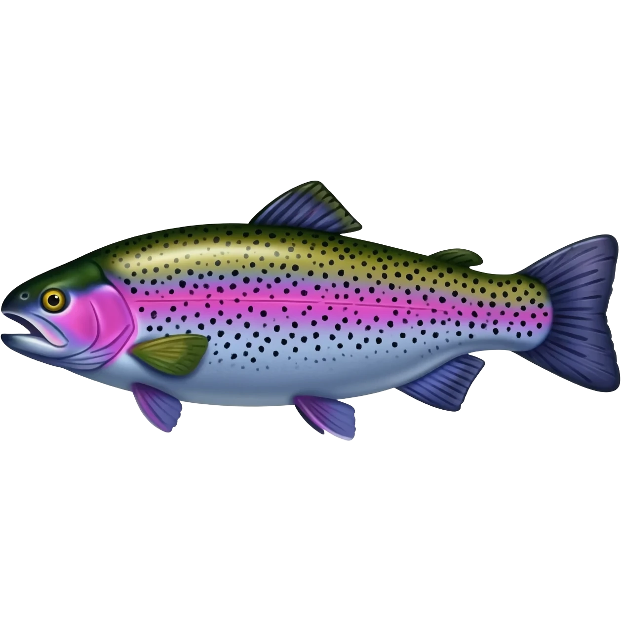 jumping realistic rainbow trout fish bright saturated purple blue green yellow white with scales and black speckles emoji