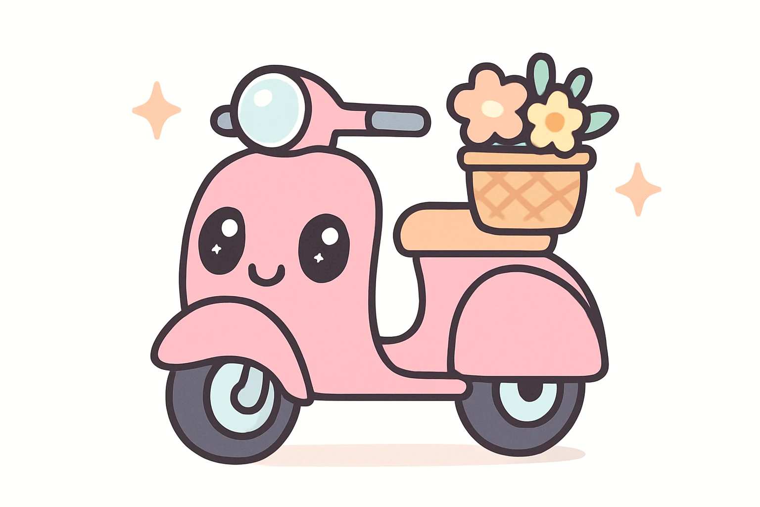 A Vespa scooter icon in a cartoonish style, with a bright pink body, large expressive eyes on the front, and a small flower basket attached to the handlebars. emoji
