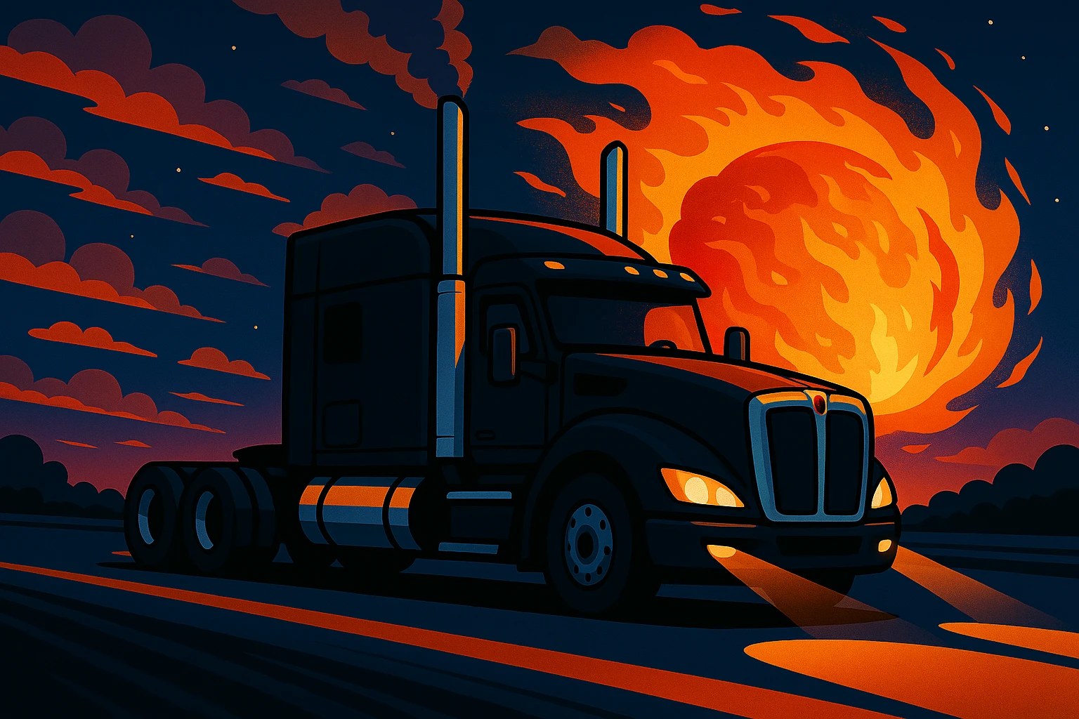 Add a large, dramatic cartoon fireball behind the black Kenworth T680 Flat Top semi sleeper as it drives down the highway at night, keeping the vibrant cartoon style, smoke still coming from the stacks. emoji