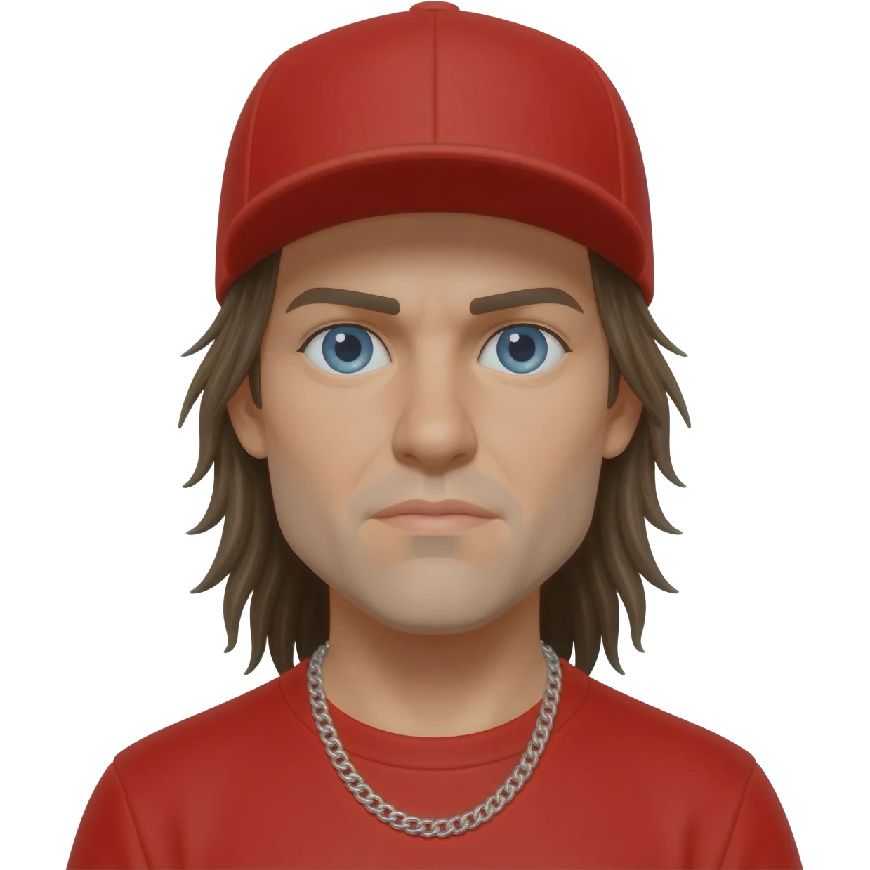 Fred Durst with blue eyes, dark blonde hair, red cap, red metallic t-shirt, silver necklace emoji