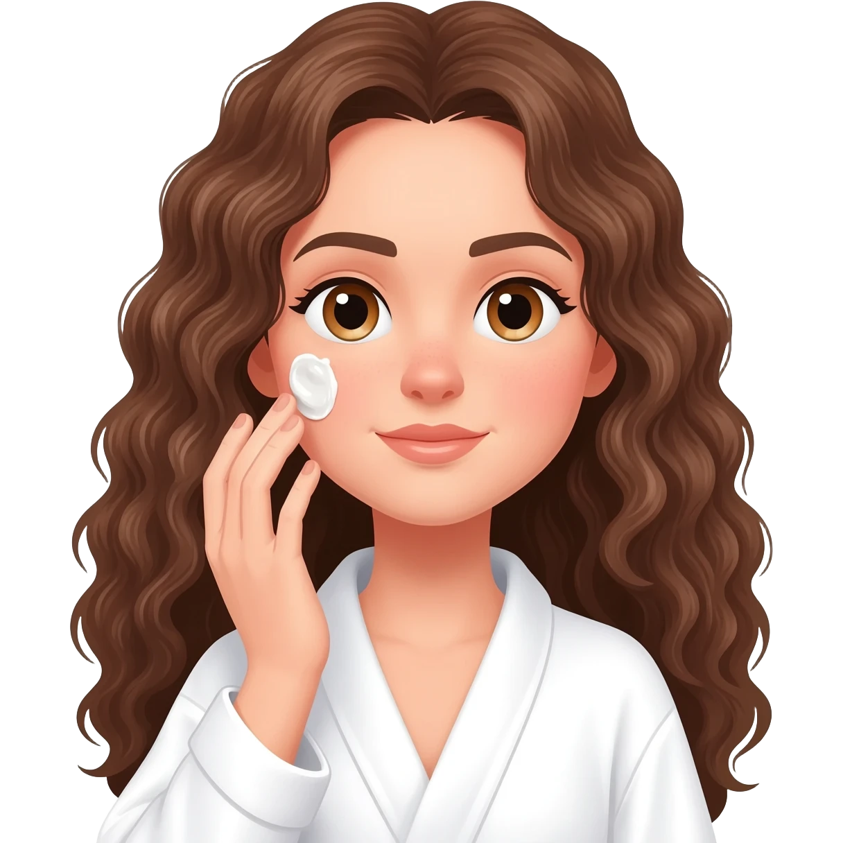 Menina branca,de olhos castanhos claros, com cabelos longos encaracolados e um roupão branco e cosa fazendo skin care emoji