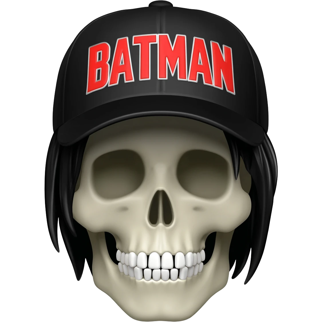 Create a skeleton head wearing a black baseball cap that says " Batman " in red, and white lettering, with black hair emoji