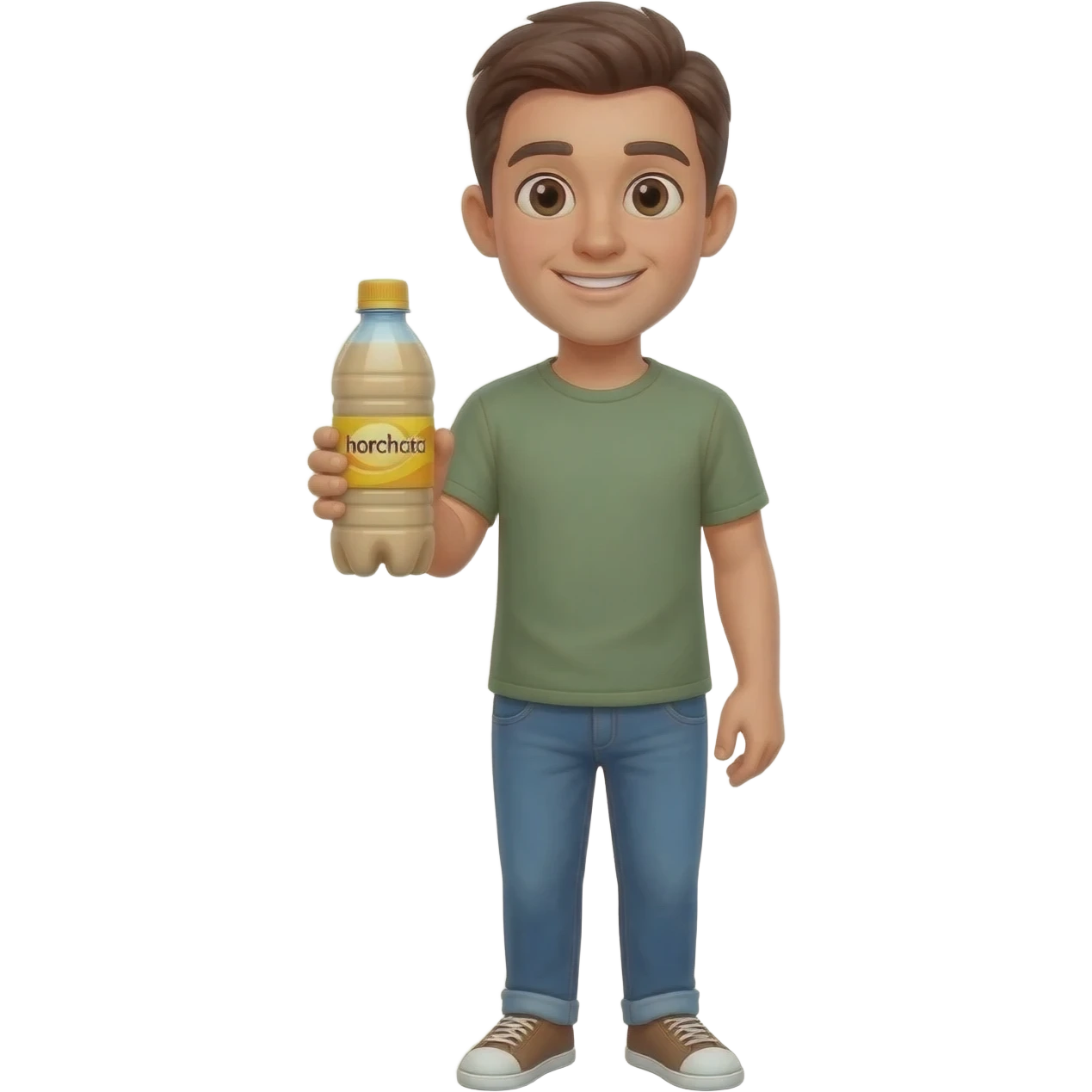 agua de horchata en botelle de plastico con manos, piernas y ojos amigbale emoji