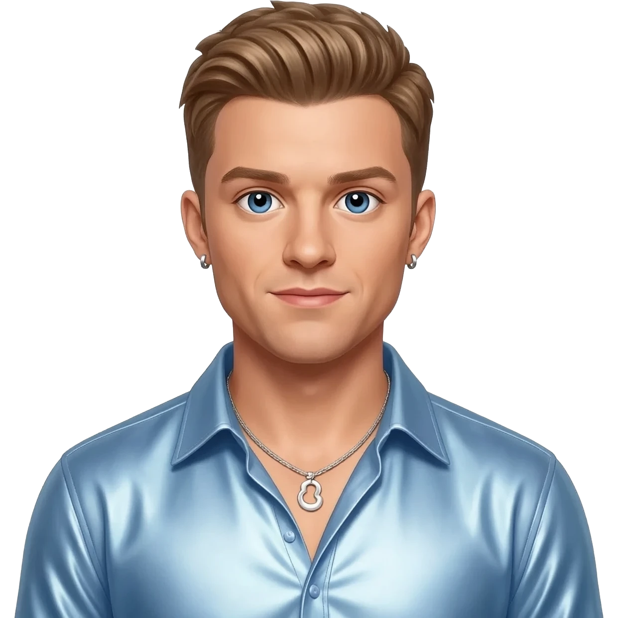 Justin Timberlake from N'Sync with blue eyes, light brown hair, baby blue metallic shirt, silver necklace and short earrings emoji