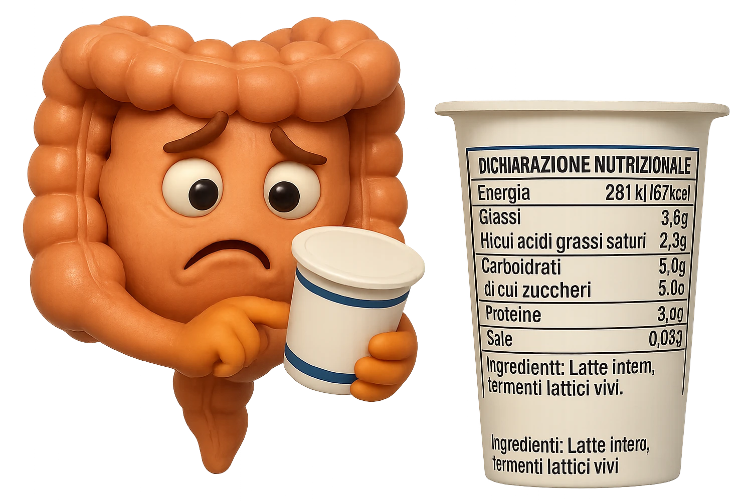 SU QUESTO STILE FAI UN EMOJI STILE IPHONE 3D DI UN INTESTINO CHE HA IN MANO UN BARATTOLO DI YOGURT CONFEZIONATO DA SUPERMERCATO E LEGGE L'ETICHETTA NUTRIZIONALE CON GLI INGREDIENTI IN ITALIANO, ACCANTO ALLO YOGURT CHE HA IN MANO C'è UN FOCUS SULL'ETICHETTA CON GLI INGREDIENTI SCRITTI, FAGLI UN ESPRESSIONE CONFUSA MENTRE LEGGE E FALLO MOLTO REALISTICO IN 3D emoji