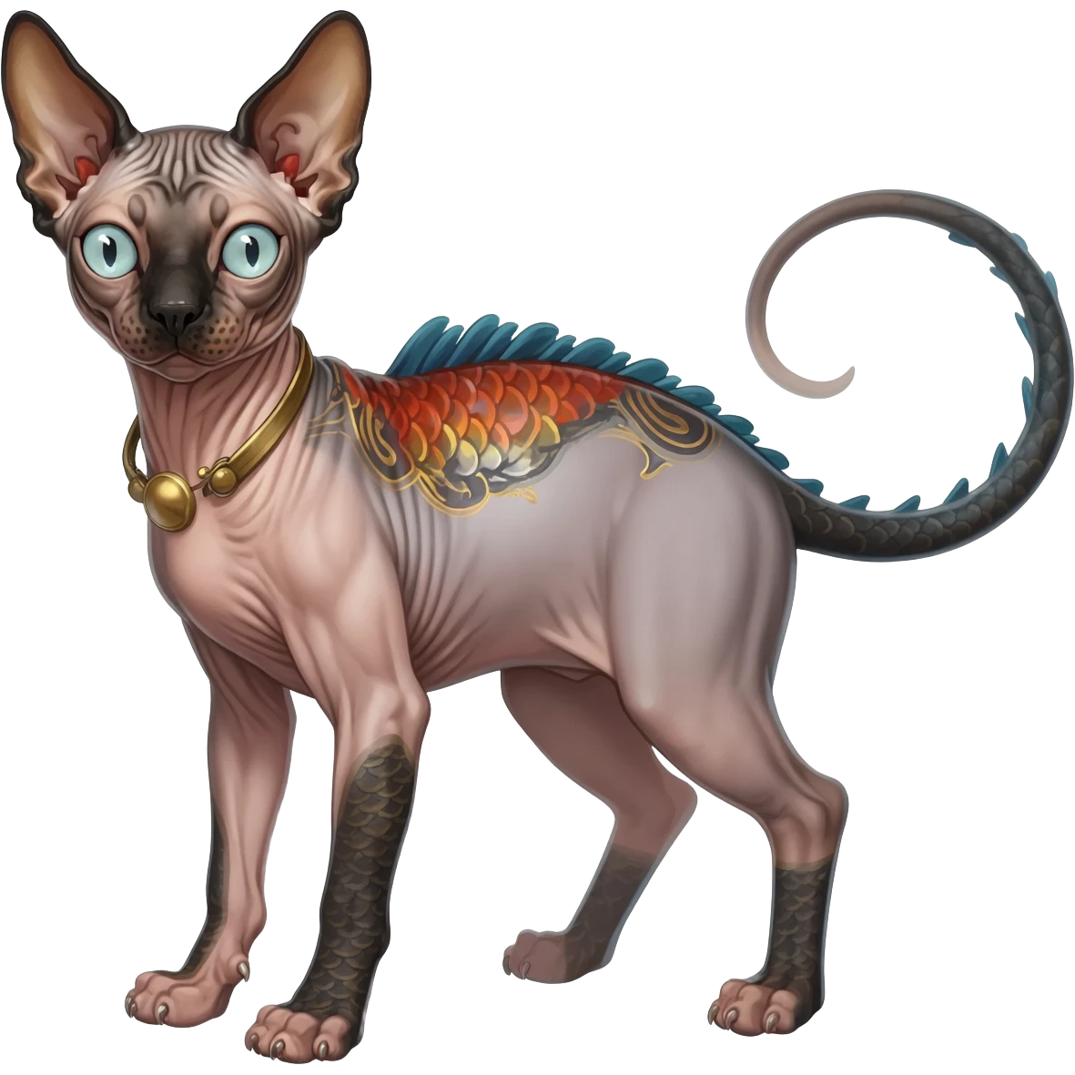 Japanese oriental Asian Edgy badass swimmy wet painted intricate ornate Japanese Asian koi-Minccino-Lykoi-Emolga-Sphynx-Linoone-Zangoose-fusion-hybrid-animal-Fakémon-creature, full body, thin long sleek scaly tail, intricate markings emoji