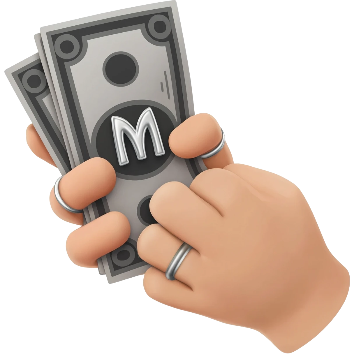 Detailed 3D emoji based on: two male hands with subtle rings, rendered in matte grey. One hand holds a stack of dark, monochromatic US dollar bills with a chrome 'M' logo. High contrast, pure white background. emoji
