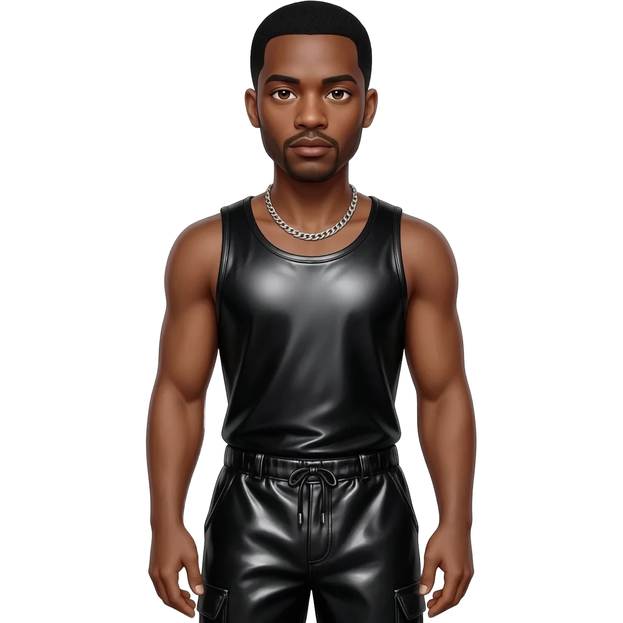 Usher with brown eyes, black hair, black metallic boat tank top, black metallic baggy dress pants, silver necklace emoji