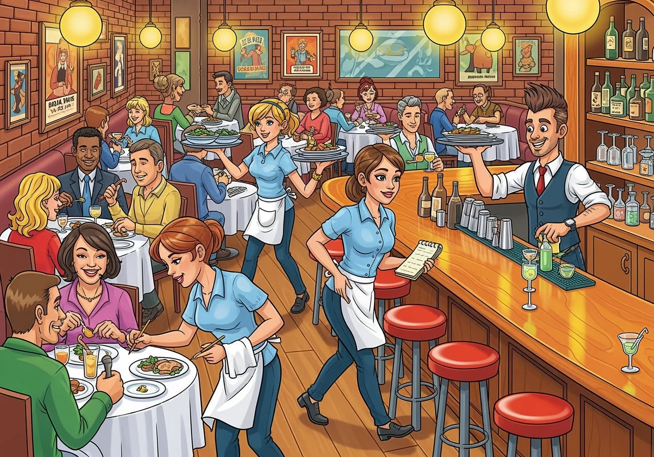Illustration d'un restaurant avec des clients à table, des serveuses qui prennent les commandes et qui amènent les plats. Un barman sert des cocktails. Ambiance chaleureuse. Style cartoon années 2000. emoji