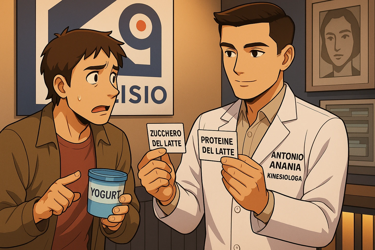 fai un webtoon manga a colori con questo stile, in cui un uomo ASCOLTA Il kinesiologo con il camice bianco (fagli anche la scritta "ANTONIO ANANIA" SUL CAMICE, IL KINESIOLOGO SPIEGA ALL'UOMO UNA COSA TENENDO DUE FOGLIETTINI IN MANO, UNO CON LA SCRITTA "ZUCCHERO DEL LATTE" E UNA CON LA SCRITTA "PROTEINE DEL LATTE". L'UOMO OSSERVA LO YOGURT CHE HA IN MANO CON ESPRESSIONE DUBBIOSA IN VOLTO. non fare i fumetti però, fai solo in modo che sembri stiano parlando emoji