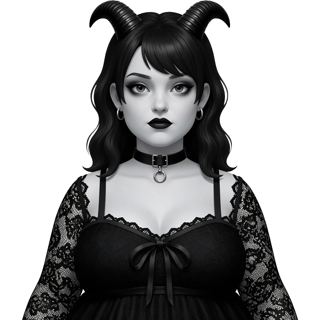 A chubby goth girl with black devil horns emoji