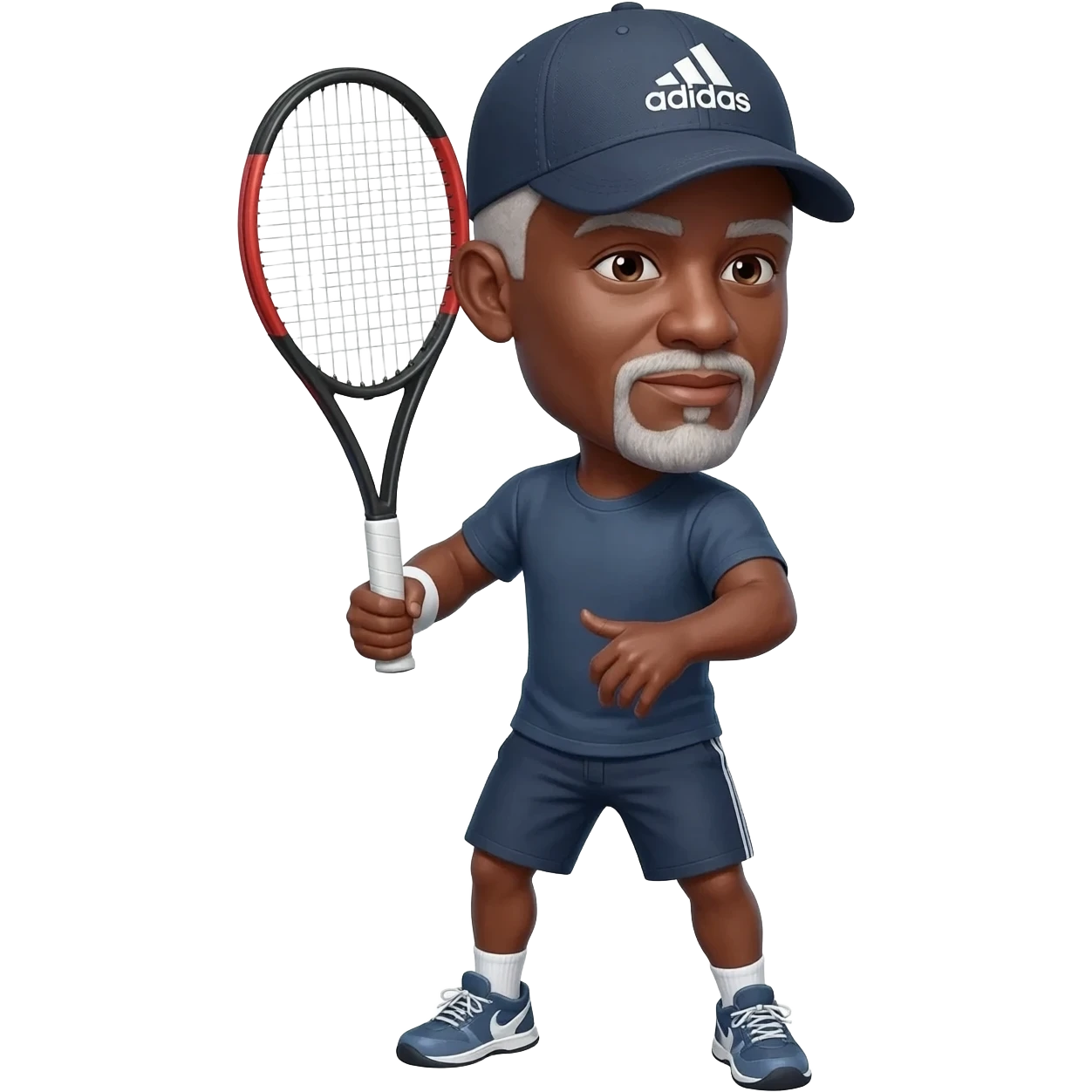 Right handed adult black male Tennis player bald male white short beard and mustache one demonstrating handed backhand wearing an adidas baseball cap on backwards emoji