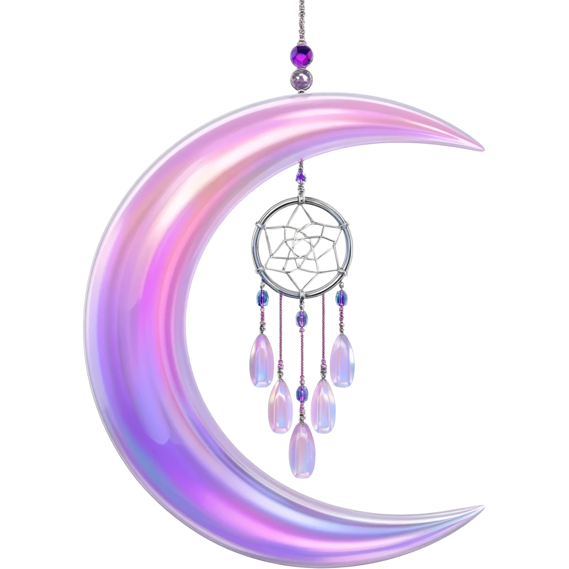 Iridescent shiny transparent pastel purple-pink-indigo-violet crescent-moon-Dreamcatcher hanging from a thread, with gemstones, and beads emoji