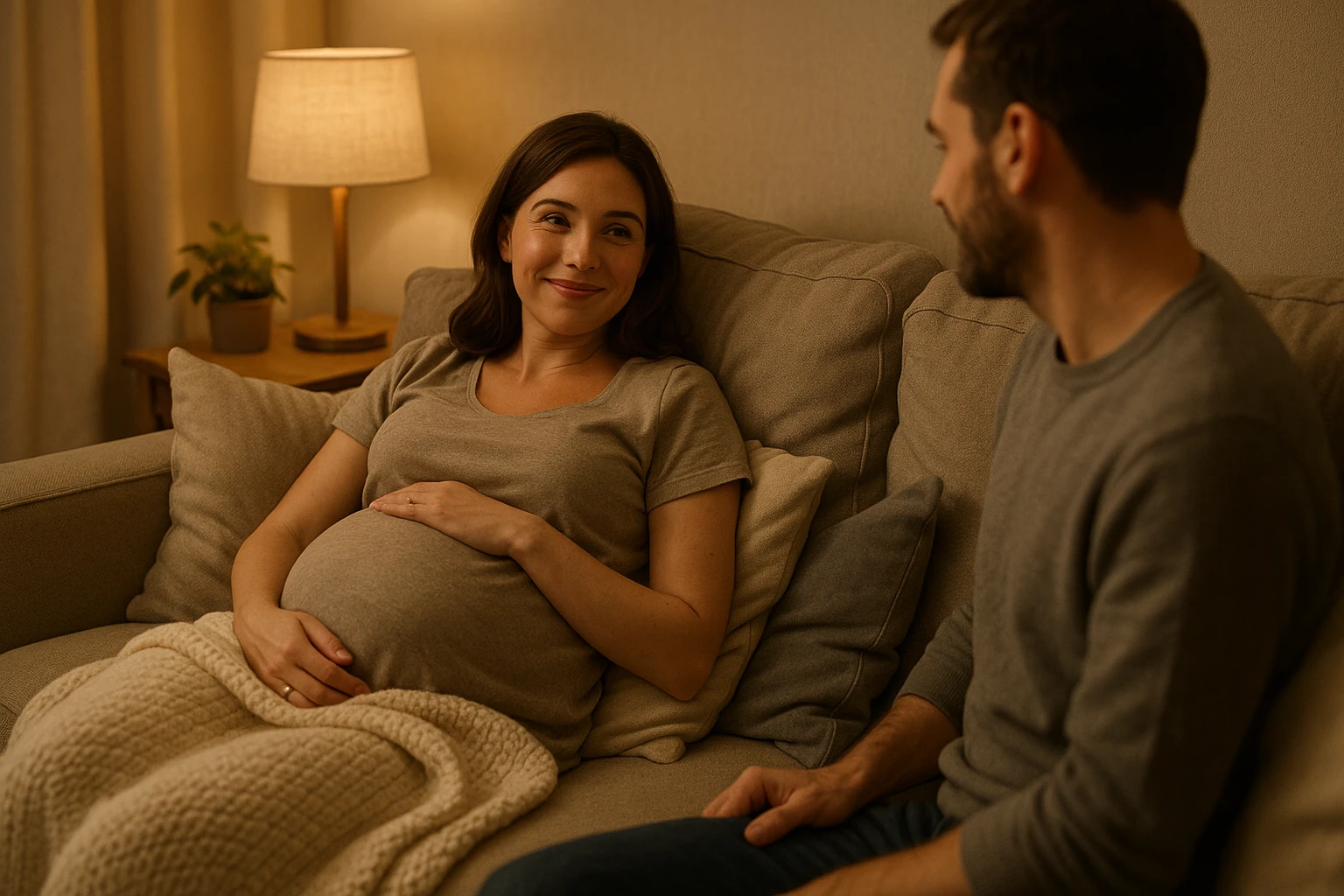 The pregnant wife resting comfortably on the living room couch, watching her husband with a grateful smile, soft pillows and a blanket, peaceful and warm home atmosphere. emoji