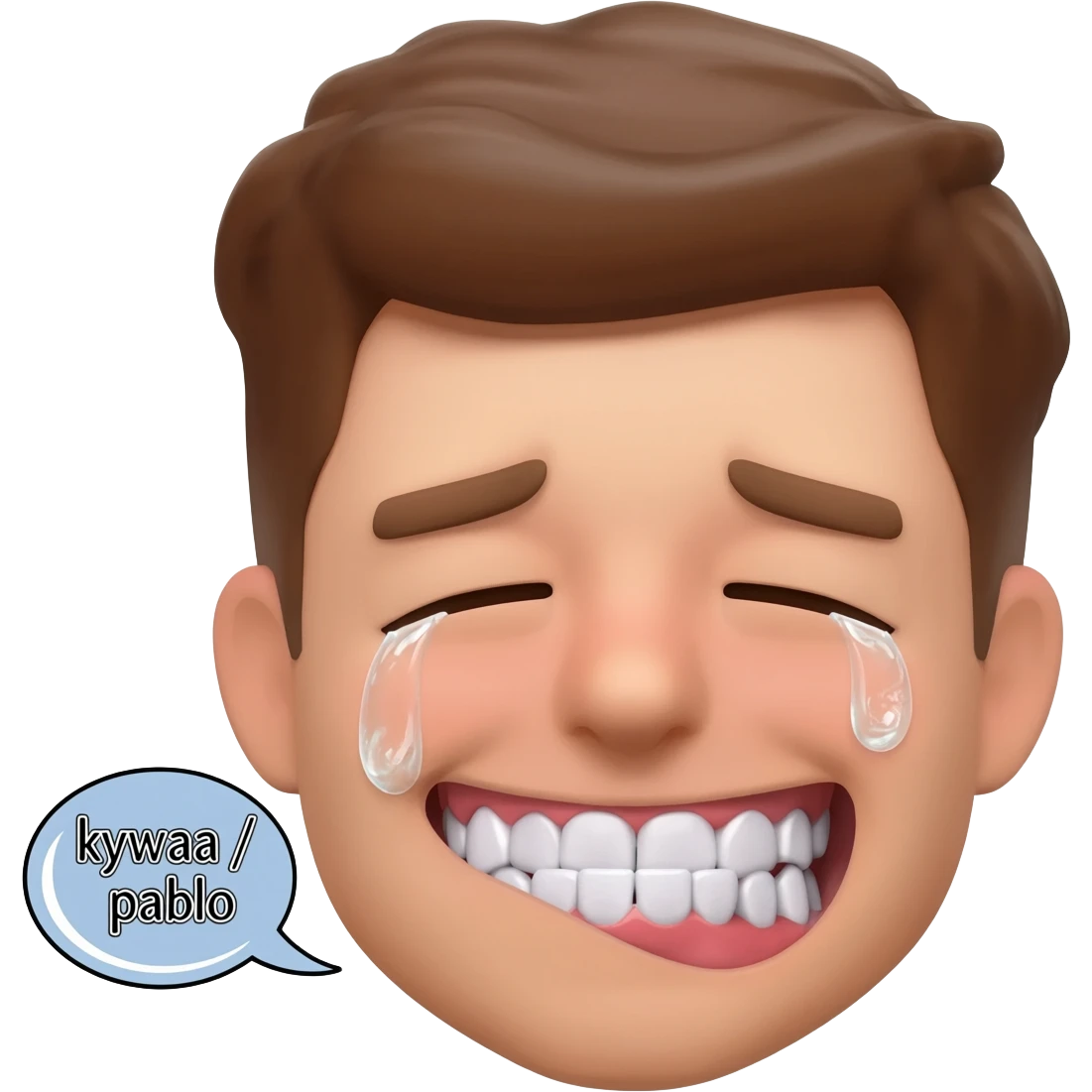 Crying laughing face with rotten teeth with a text bubble beside it saying kywaa / pablo and it is super realistic emoji