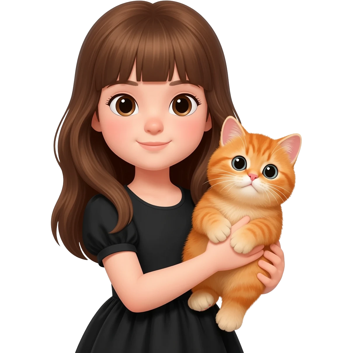 british Baby cat orange with girl long brown hair And black dress and bang hair emoji
