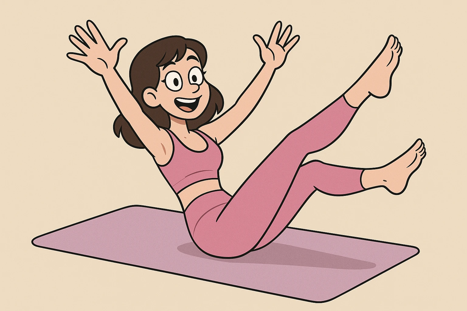 white brunette girl doing pilates in pink workout gear, full body, energetic, modern fitness illustration emoji