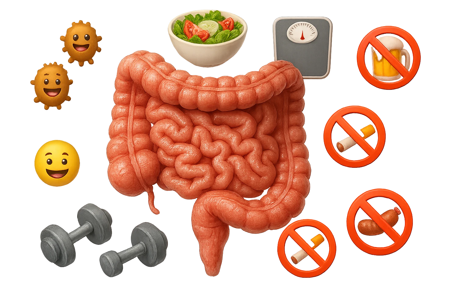 intestino umano anatomico realistico al centro, intorno al quale ruotano emoji stile iphone di: due batteri intestinali felici, una bowl di insalata, una bilancia pesapersone, manubri da palestra, e un boccale di birra con divieto 3d sopra, una sigaretta con divieto 3d sopra e un wurstel con divieto 3d sopra, fluttuano in aria, iperrealistico 4k emoji
