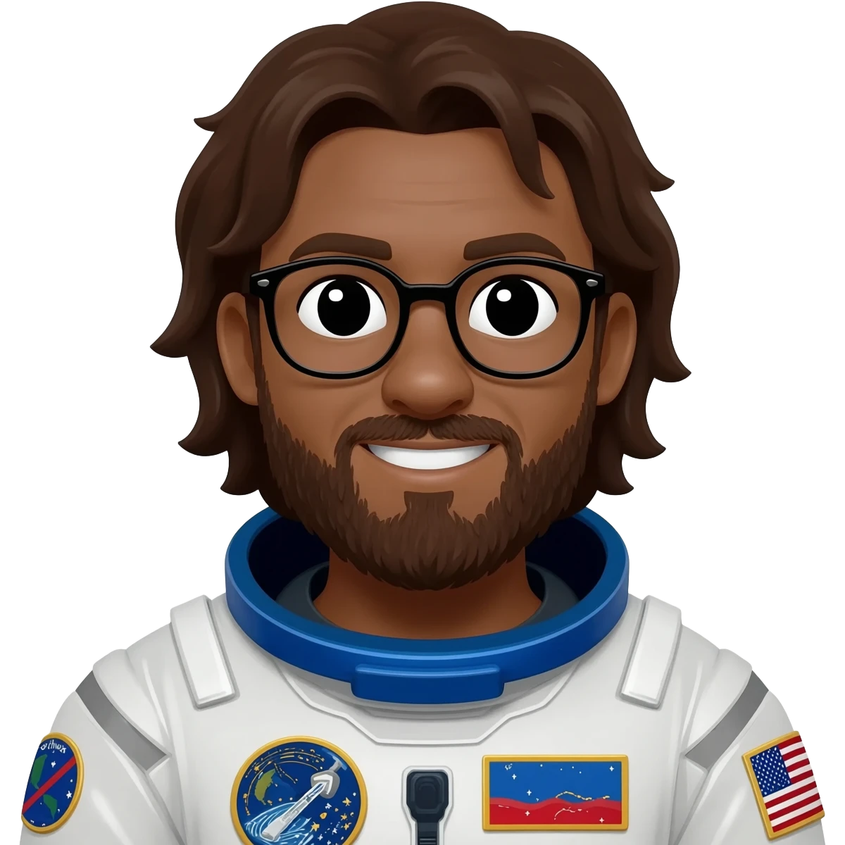 astronaut brown skin, black eyes, glasses and beard smiling a bit long hair emoji