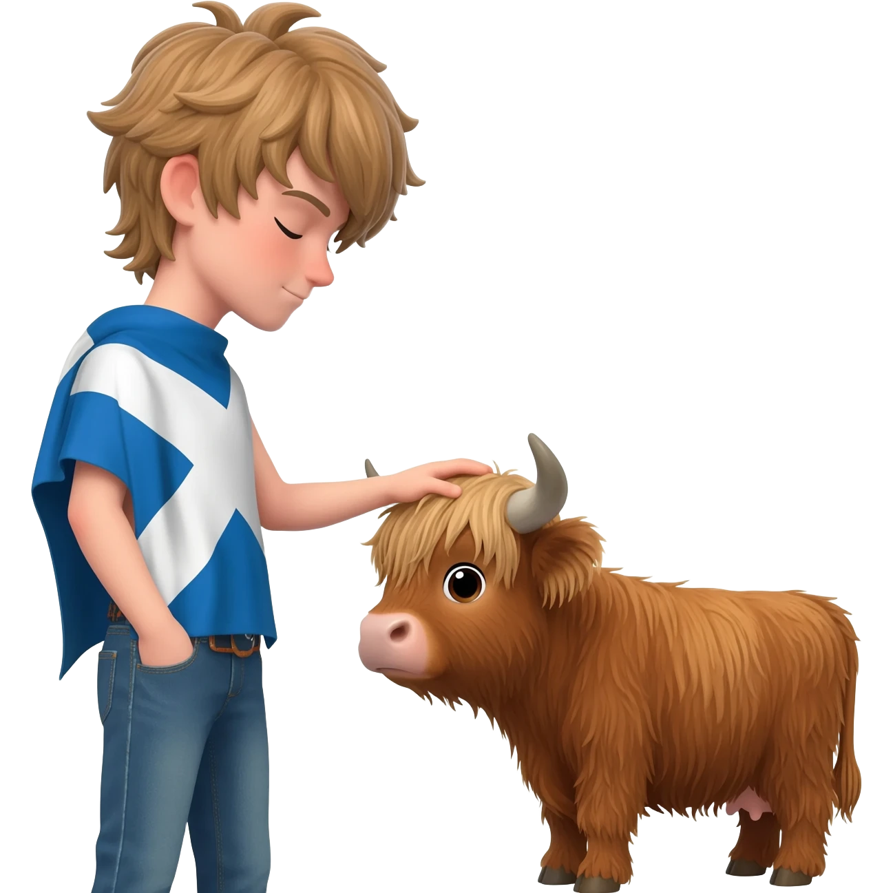 femboy with messy light brown bangs covering the eyes with scottish flag on his shoulders pets a cute highland cow emoji