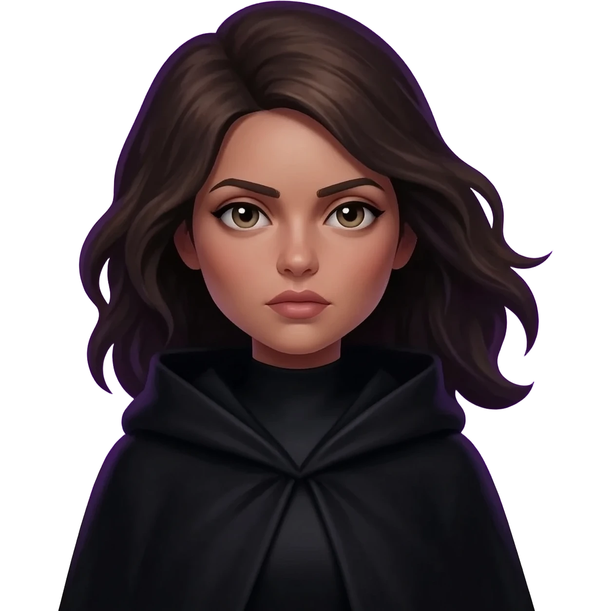 Black cloak with purple aura and boundaries female full body open hair intense emoji