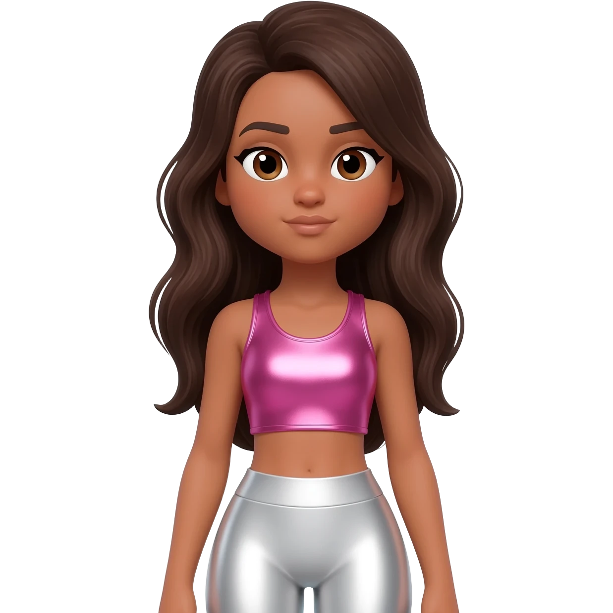 Azzyland with light skin, brown eyes, long dark brown hair, pink metallic crop top, white metallic leggings emoji