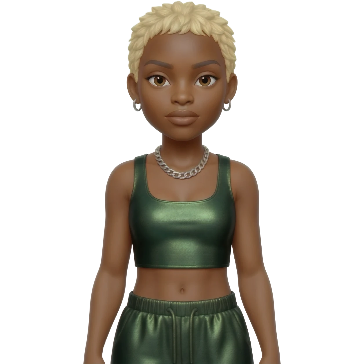 Cynthia Erivo with blonde short hair, dark green metallic crop top, dark green metallic baggy pants, silver necklace emoji