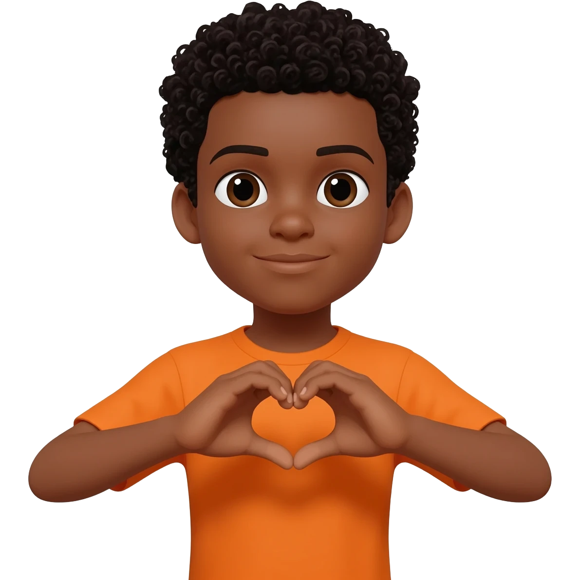 black boy curly hair orange shirt heart hands emoji