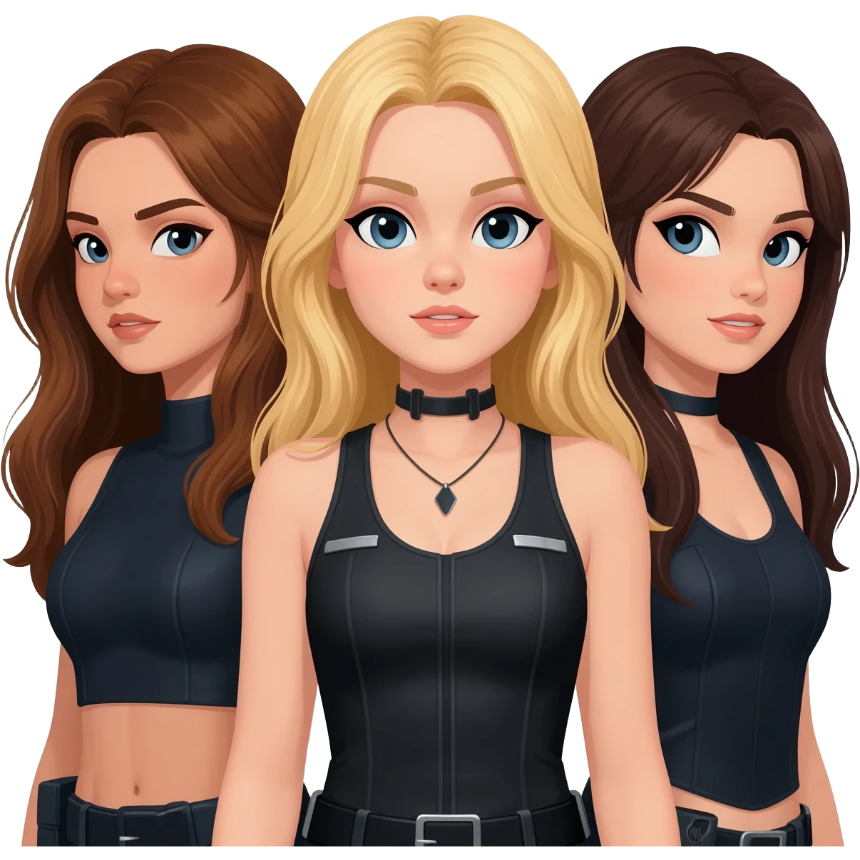 generate three spy girls, a brunette one with long hair, a blond one with long hair and a dark brown long hair emoji