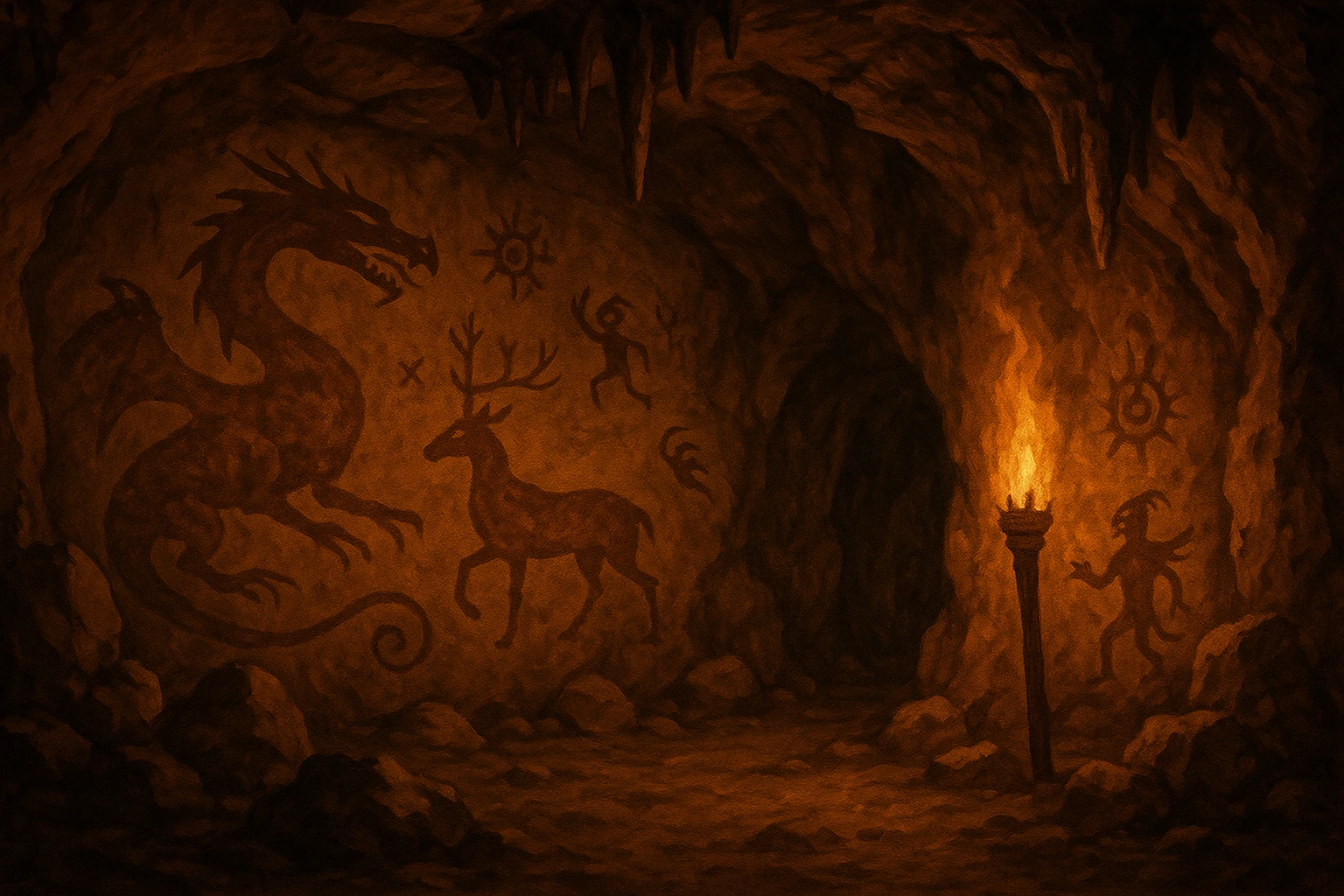 a cave with ancient cave paintings on the walls, torchlight, fantasy style emoji