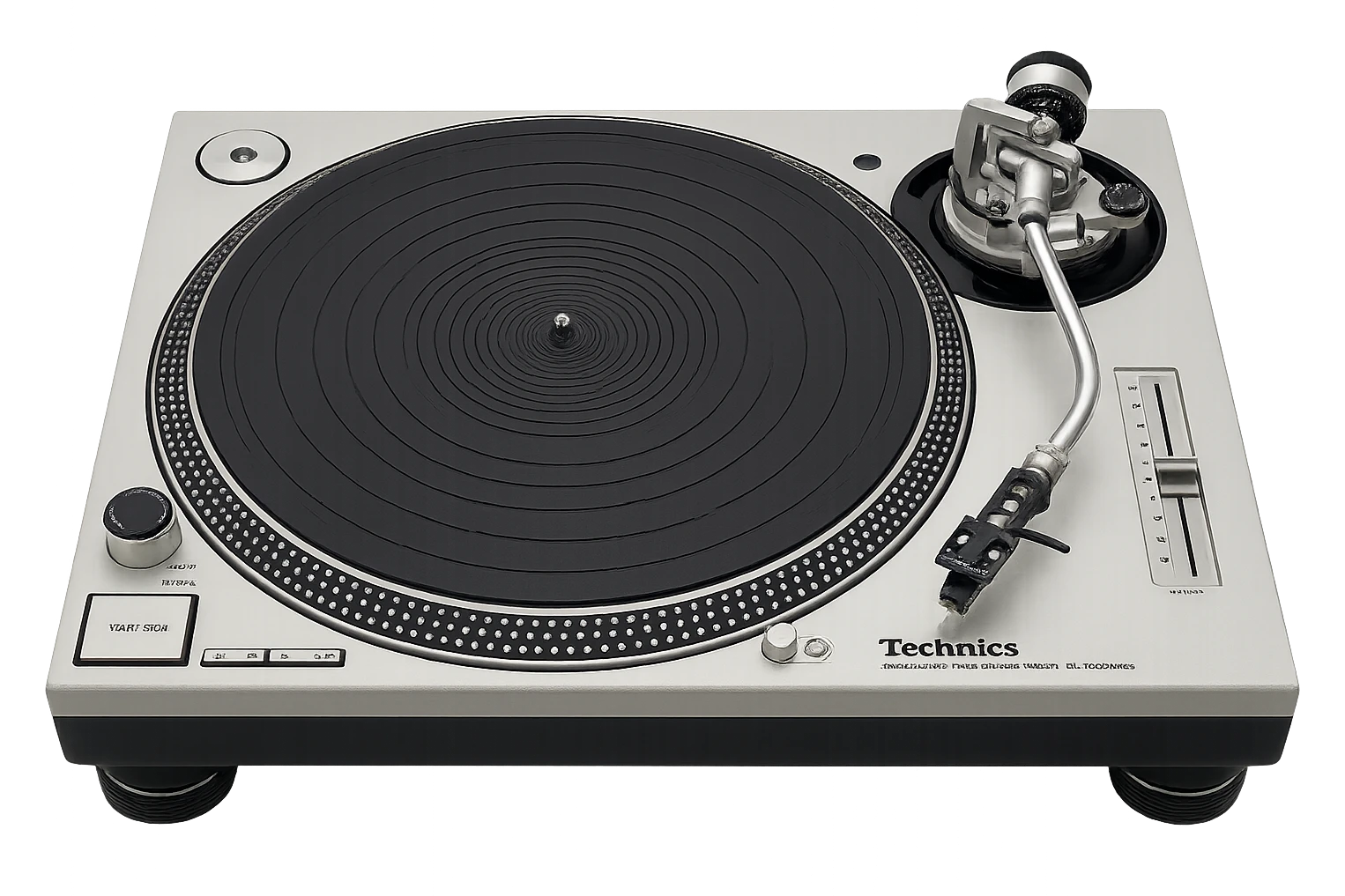 realistic Technics turntable, detailed platter and tonearm, iconic strobe dots, silver and black color scheme emoji