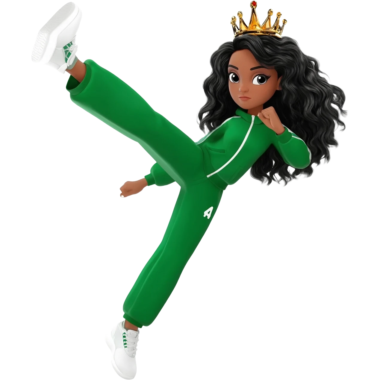 White curvy female with super wavy black hair wearing a crown and doing a high kick wearing a green track suit emoji