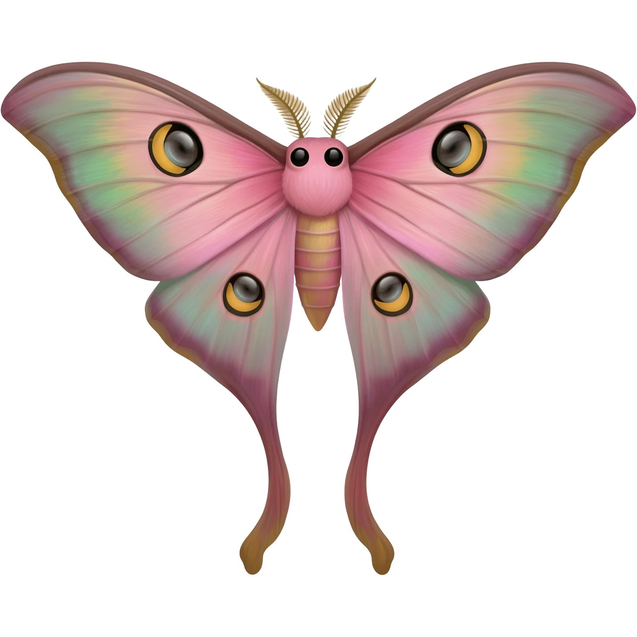 mainly light pink and green hybrid luna moth, detailed wings, long tendril like lower wings, and cute eyes on face emoji