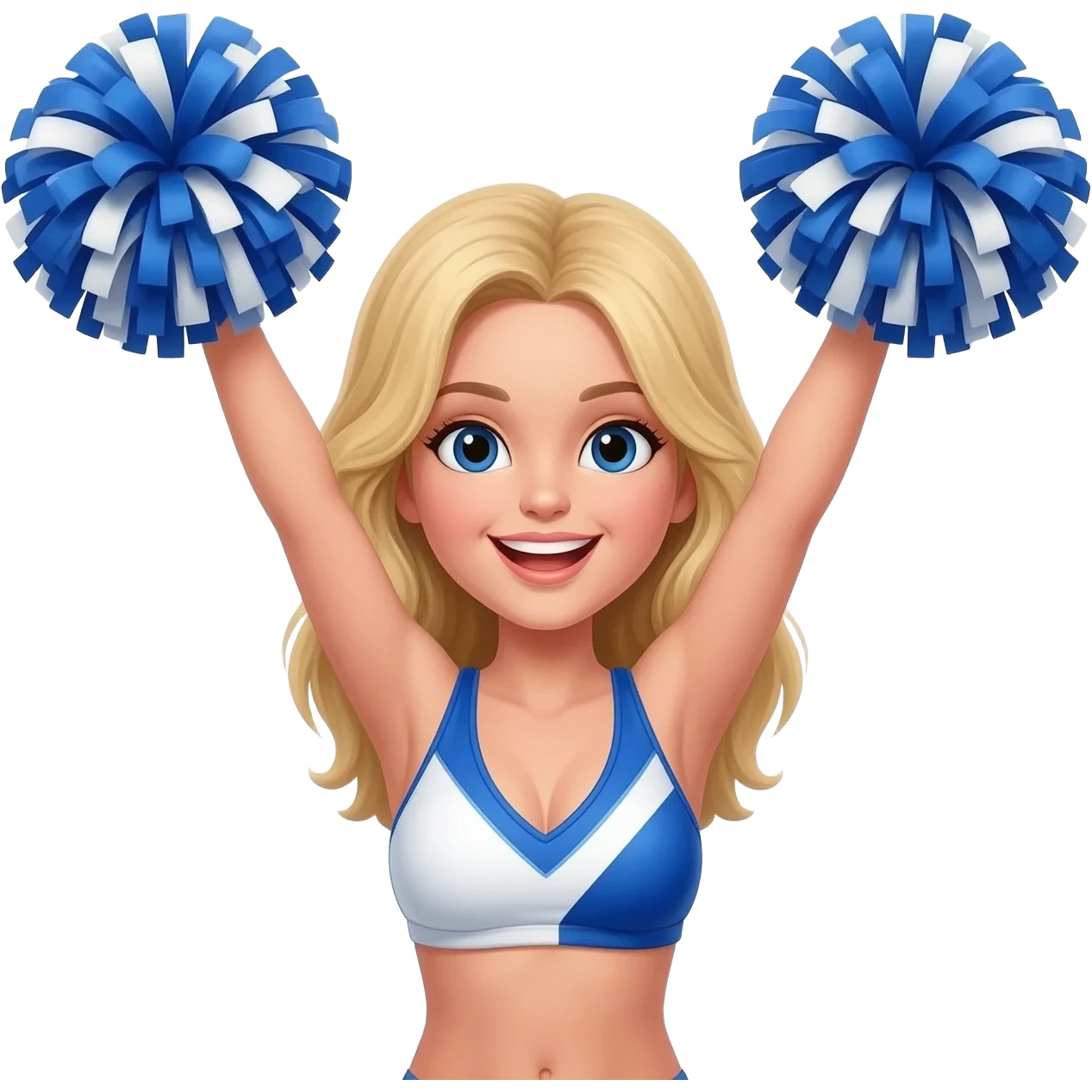 Dallas cowboys cheerleader blonde short bikini top blue and wite super exited waving hands with blue and white pompoms emoji