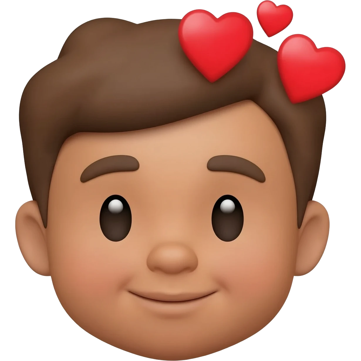 Baby memoji face with brown hair and tan skin with 3 red hearts like this emoji 🥰 emoji